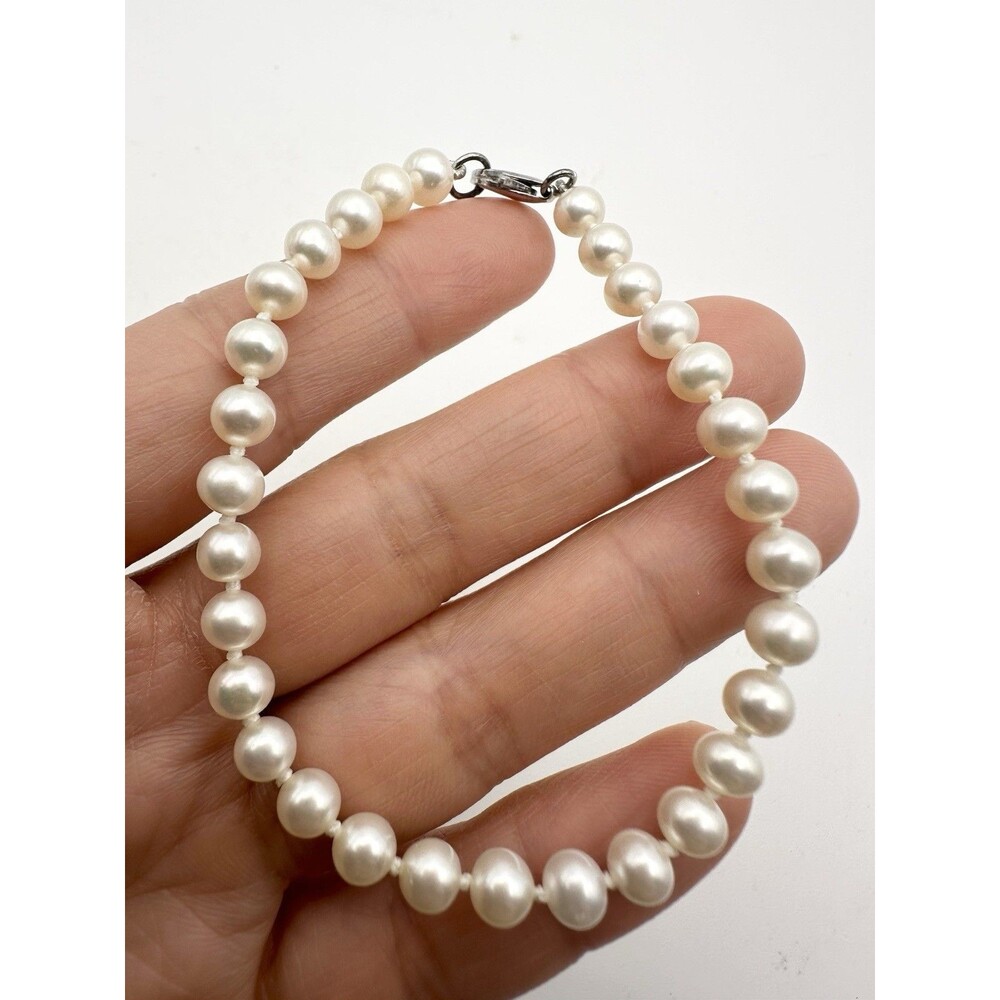 925 Sterling Silver Freshwater Pearl Bracelet Hand Knotted 7” 5mm